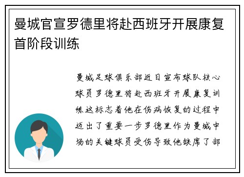 曼城官宣罗德里将赴西班牙开展康复首阶段训练